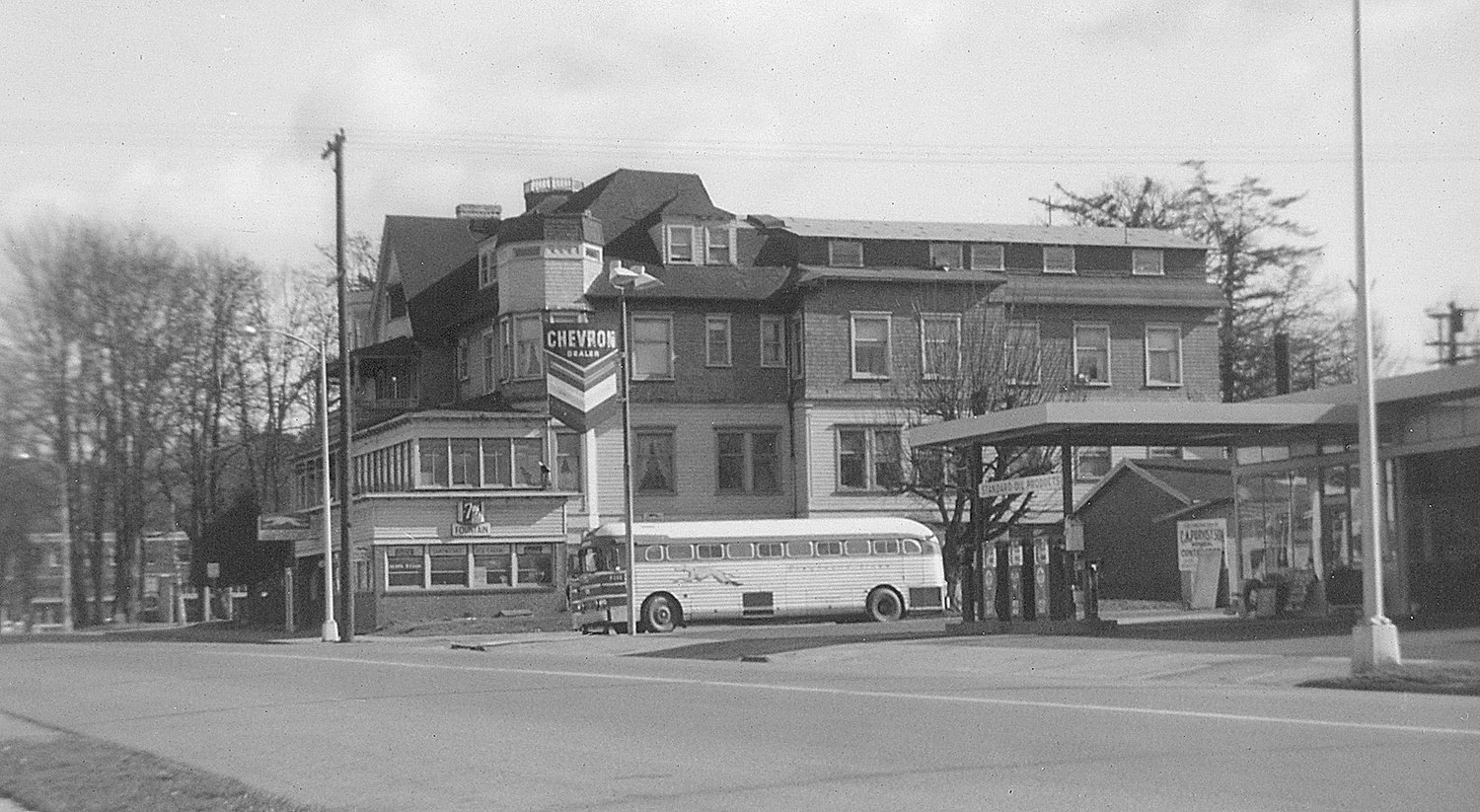 In June of 1959 the last bus left the old Centralia Hotel between Silver and Iron on Main Street in downtown Centralia. Now demolished, the once-grand hotel was located where the Campbell Chrysler Jeep Dodge car lot was located before it closed. Louis Stoffer was 35 in June of 1959 and knew that at about 4 p.m. the last bus would be leaving the hotel. The Centralia Hotel was one of the finest hotels in Centralia, Stoffer recalls. The bus station was on the ground floor on the west end of the hotel. During World War II, many soldiers left that station to begin their stints at Fort Lewis — Stoffer himself had taken that trip on July 21, 1943. (Originally submitted by Louis Stoffer for “Our Hometowns:  Volume 2”)
