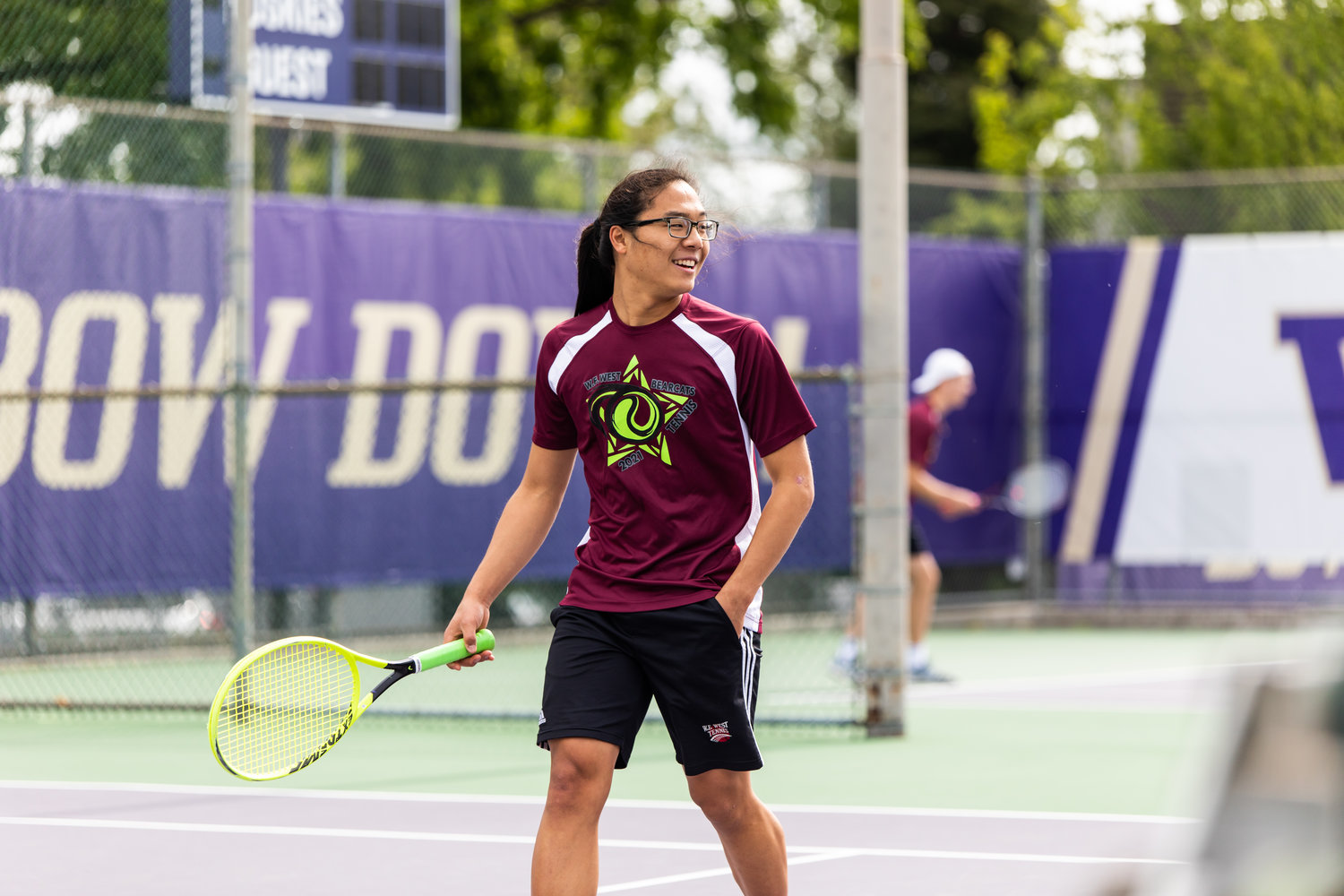 W.F. West's Joseph Chung prepares for the first set of the 2A boys' doubles tennis state competition on May 27, 2022.