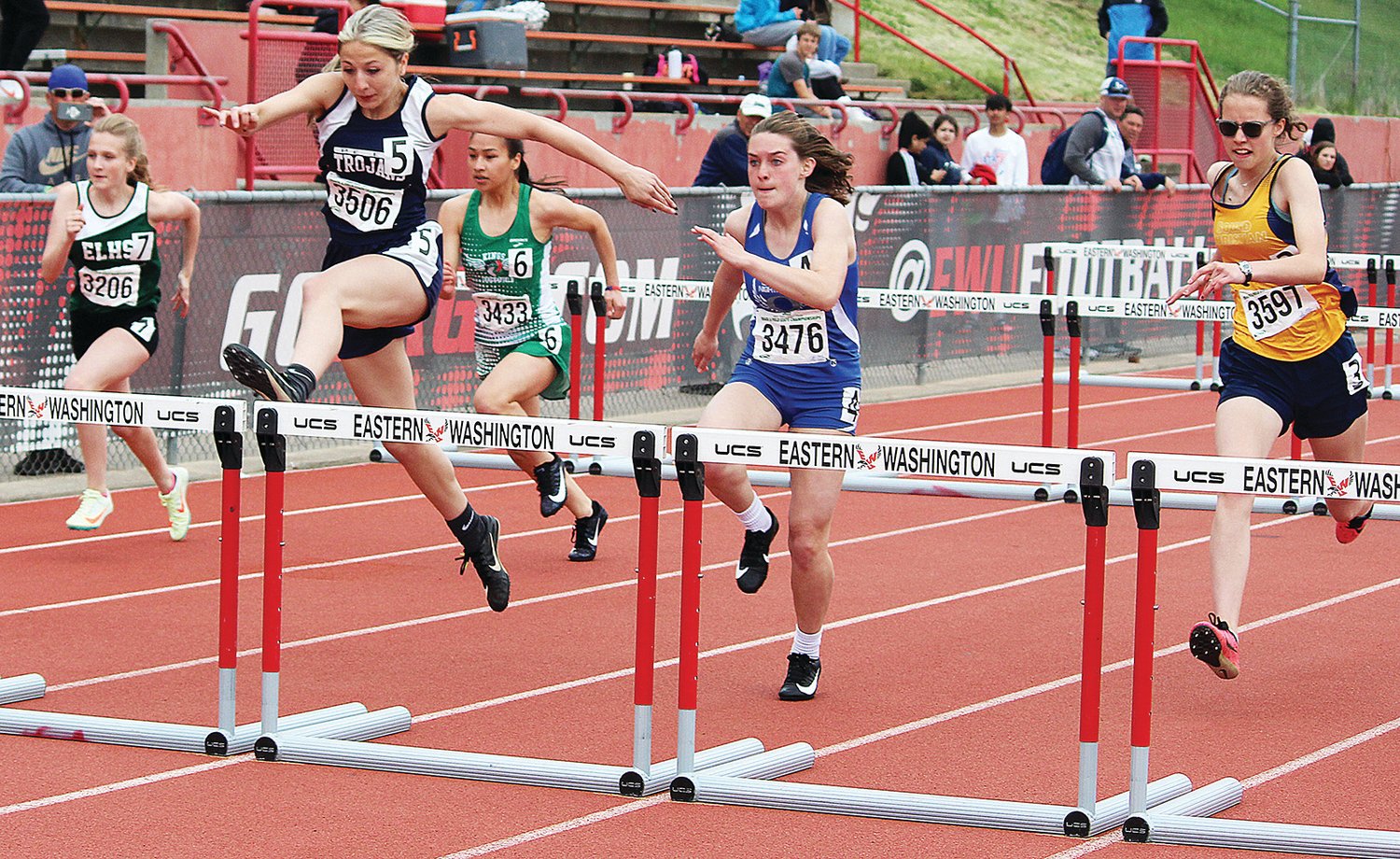 Pe Ell's Charlie Carper clears a hurdle during the State 1B/2B/1A Track and Field Championships in Cheney on Friday, May 27, 2022.