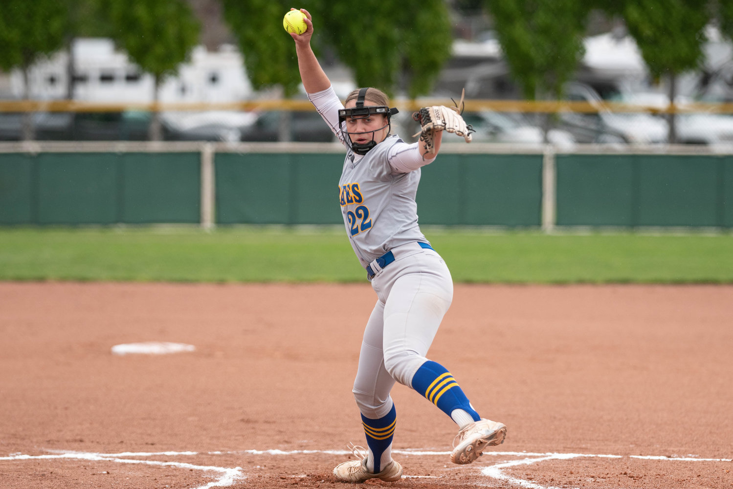 Adna pitcher Karlee VonMoos winds up to deliver a pitch against PWV in the 2B state title game at Yakima Gateway Sports Complex May 28.