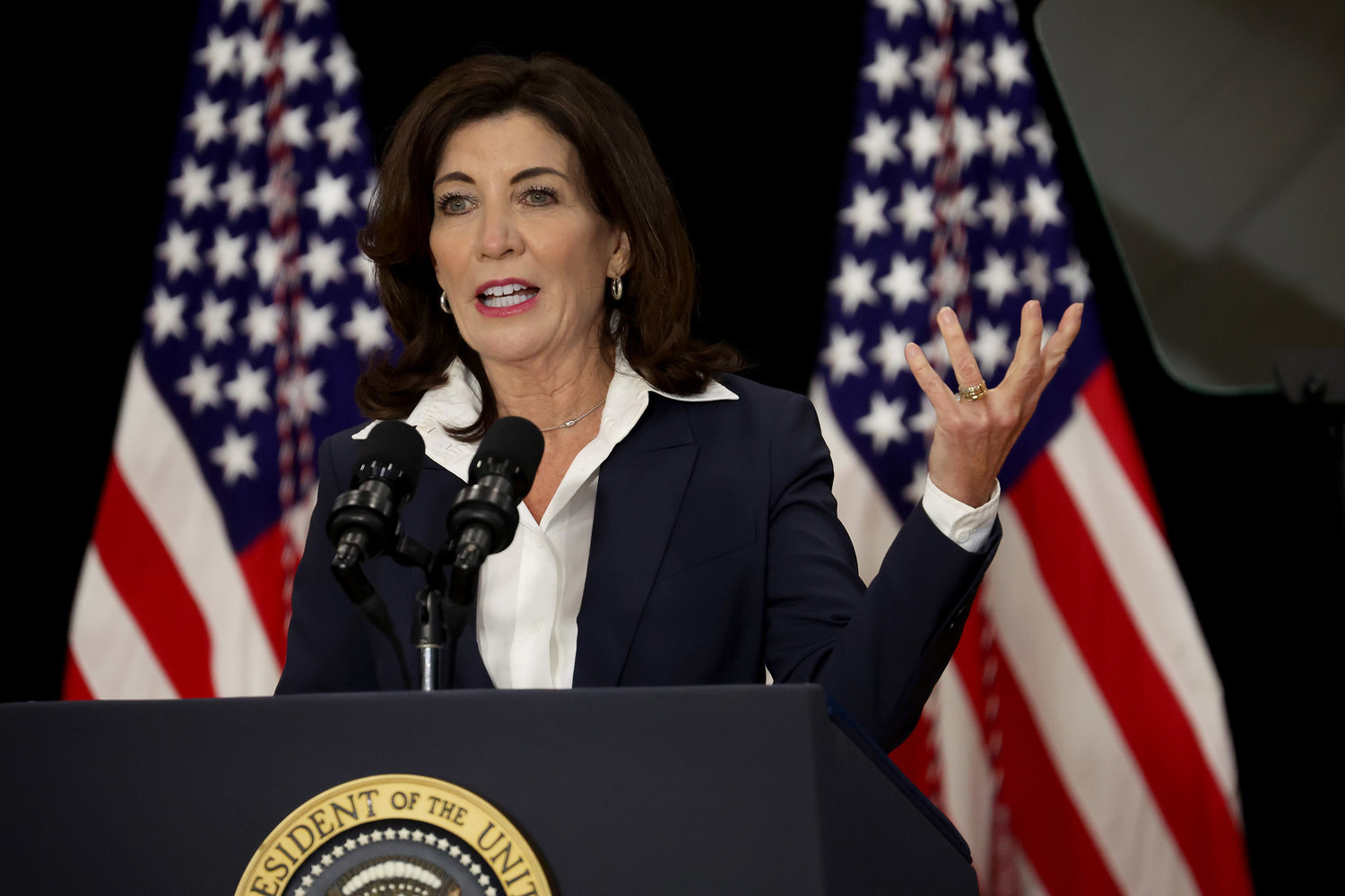New York Gov. Kathy Hochul speaks on May 17, 2022, in Buffalo, New York. On Monday, she led a memorial ceremony to mark New York City's 20th anniversary of the final cleanup from 9/11. (Scott Olson/Getty Images/TNS)