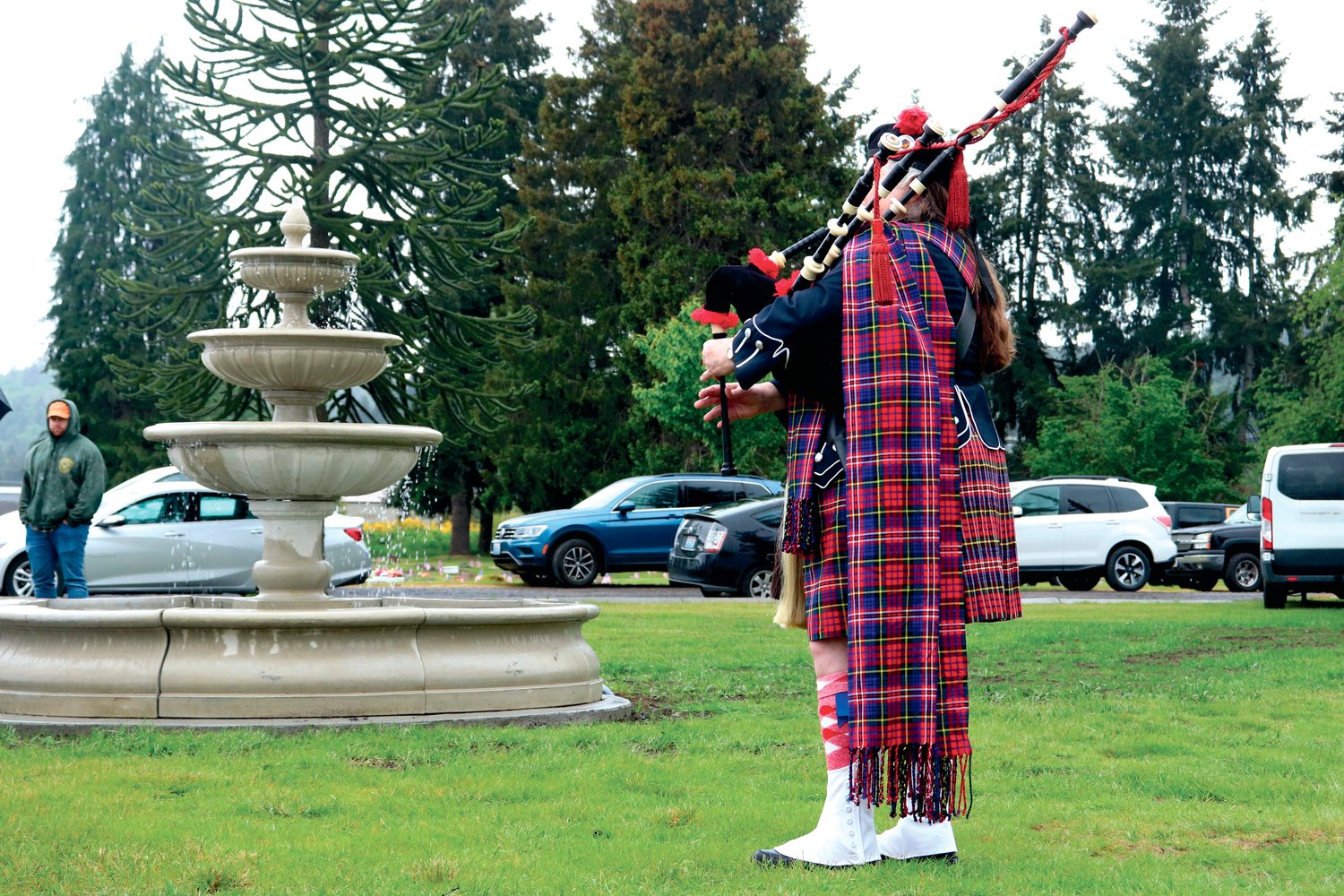Bagpiper Beverly York plays “Amazing Grace” during the Sticklin Greenwood Memorial Park Rededication Ceremony in Centralia on Saturday.
