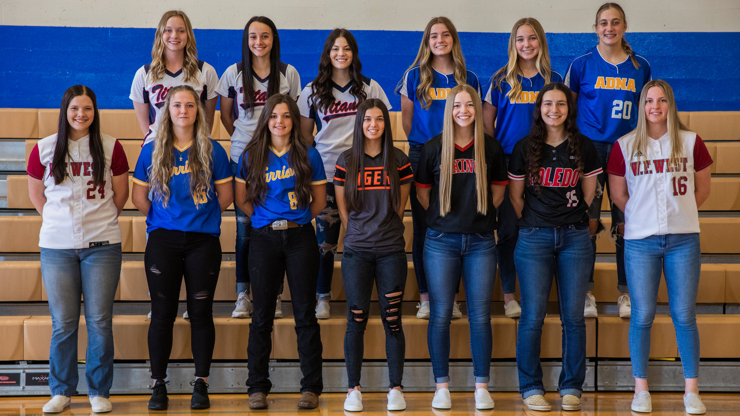 All-area athletes pose for a photo sporting their high school softball jerseys on Thursday, June 9, 2022. All-area picks not pictured are Rainier’s Bailey Elwell, Tenino’s Emily Baxter, and Onalaska’s Alex Cleveland-Barrera.