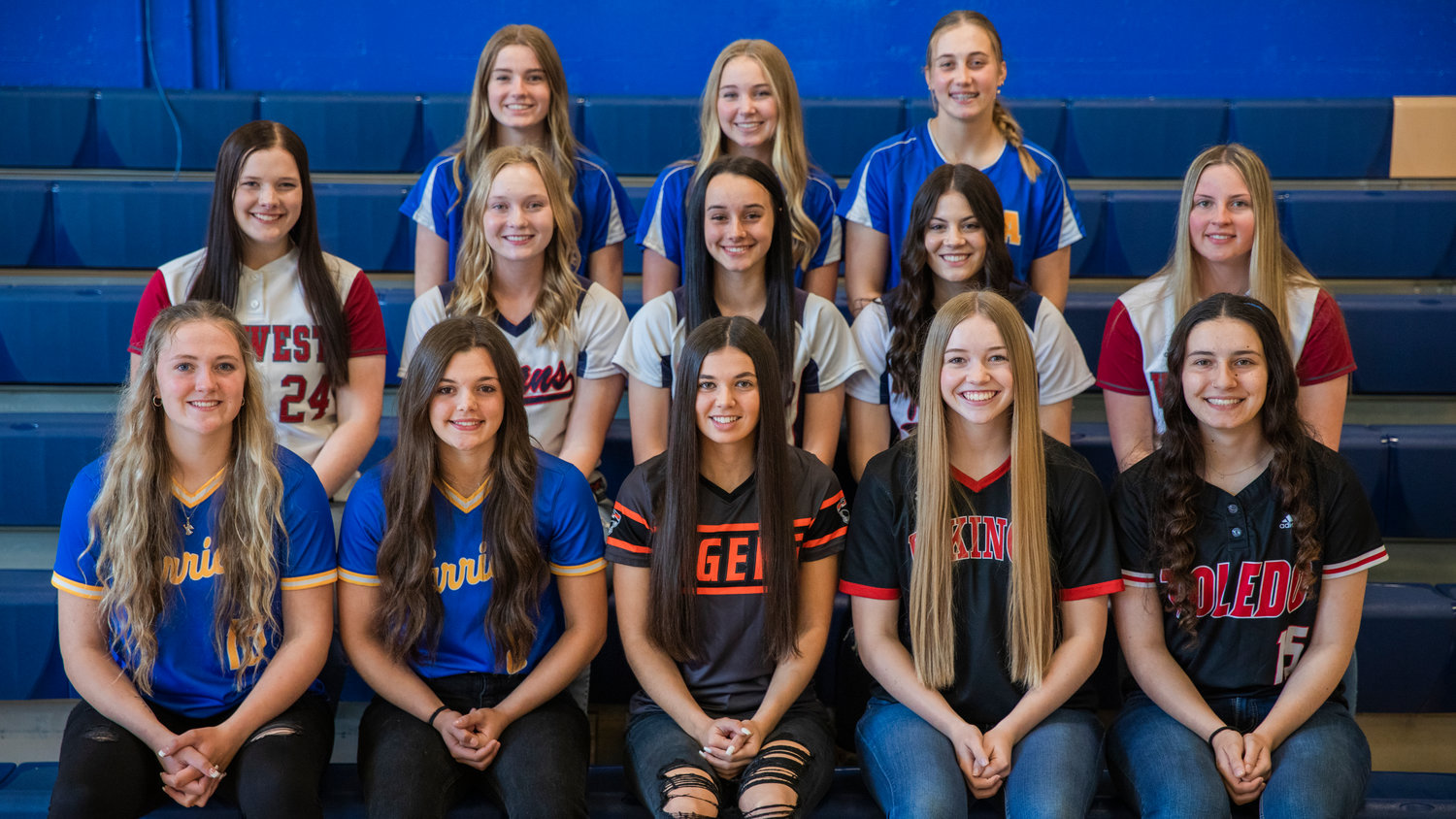 All-area athletes pose for a photo sporting their high school softball jerseys on Thursday, June 9, 2022. All-area picks not pictured are Rainier’s Bailey Elwell, Tenino’s Emily Baxter, and Onalaska’s Alex Cleveland-Barrera.