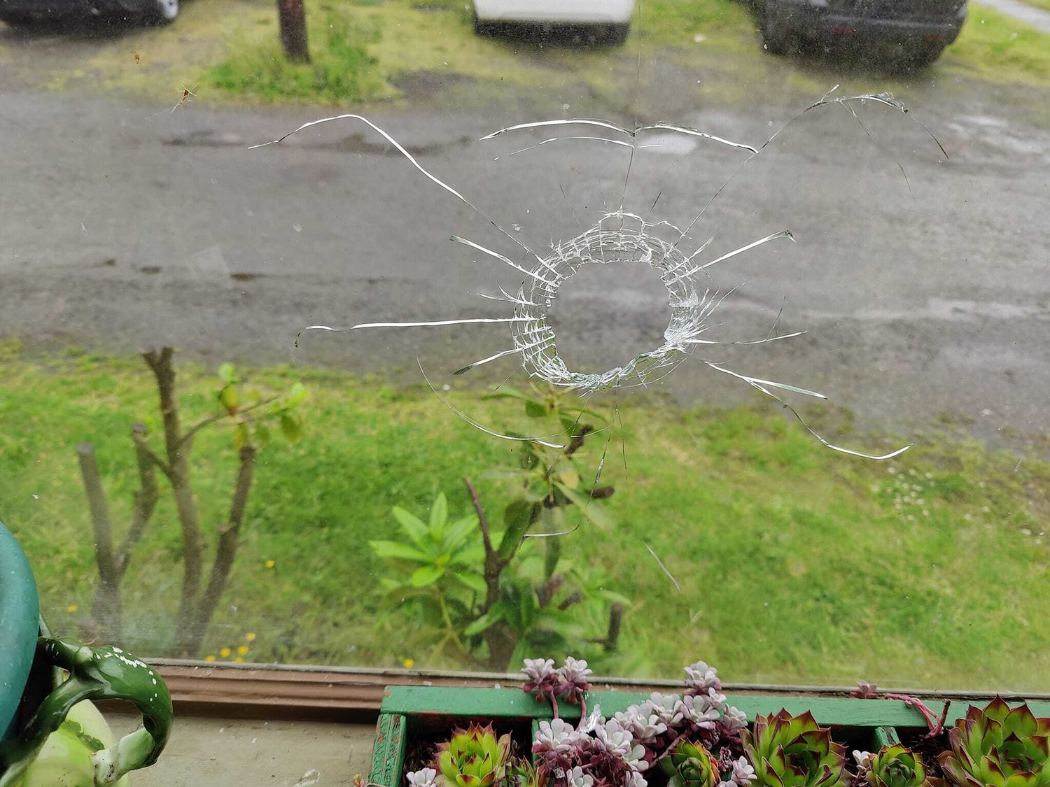 William Kale provided this photo of a bullet hole in the window of his home on North Washington Avenue.