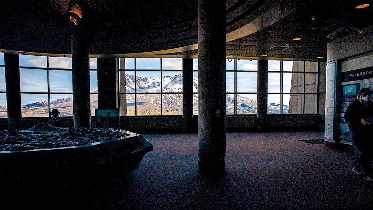 Mount St. Helens is seen from inside the Johnston Ridge Observatory on Wednesday.