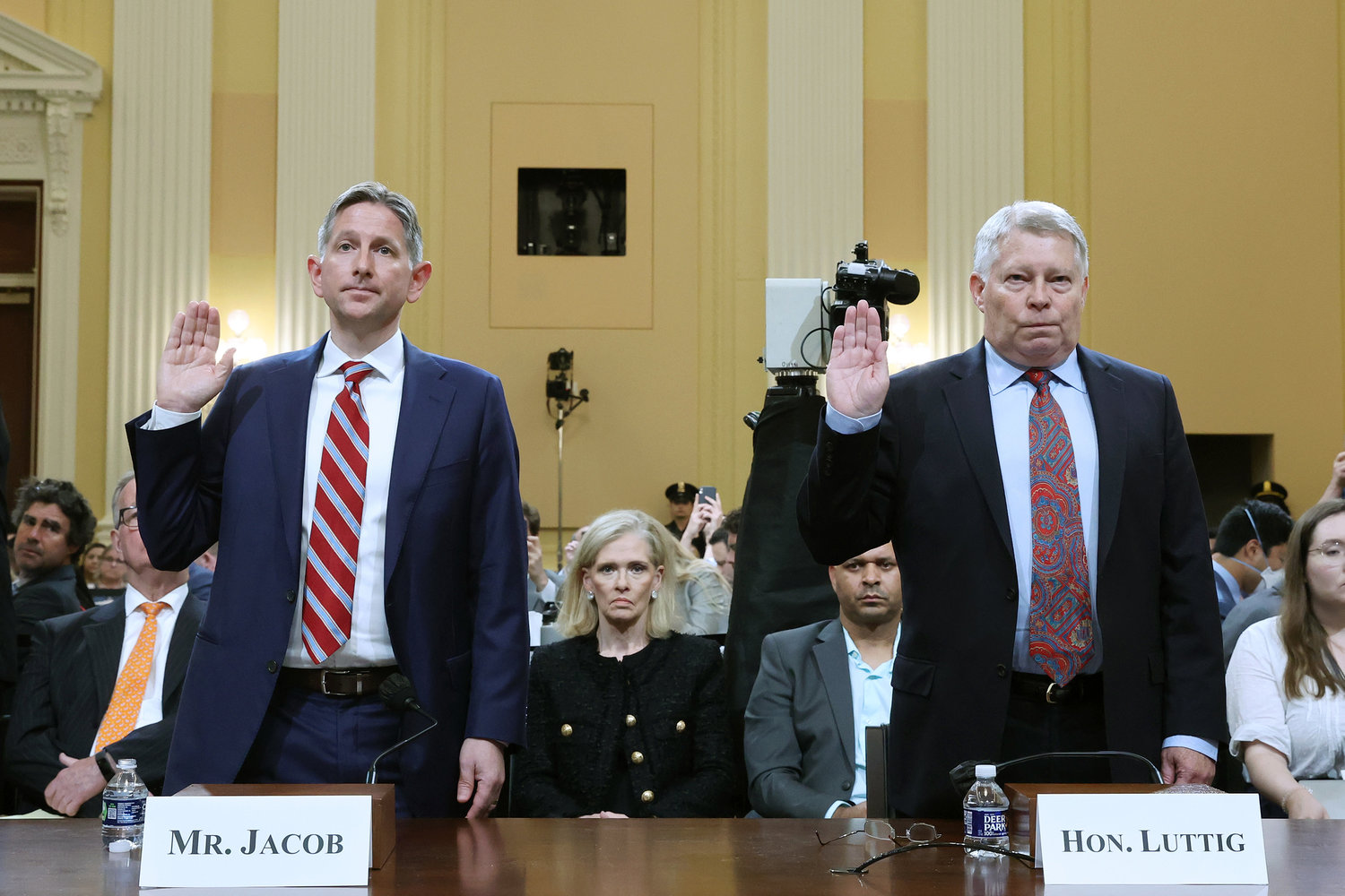 Greg Jacob, former counsel to Vice President Mike Pence, and J. Michael Luttig, retired judge for the U.S. Court of Appeals for the Fourth Circuit and informal advisor to Mike Pence, are sworn in to testify before the House Select Committee to Investigate the January 6th Attack on the U.S. Capitol in the Cannon House Office Building on June 16, 2022 in Washington, D.C. (Drew Angerer/Getty Images/TNS)