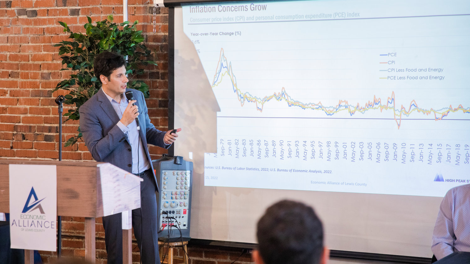 Spencer Cohen talks about Inflation during a presentation inside The Loft for an Economic Alliance Summit event in Chehalis on Thursday.
