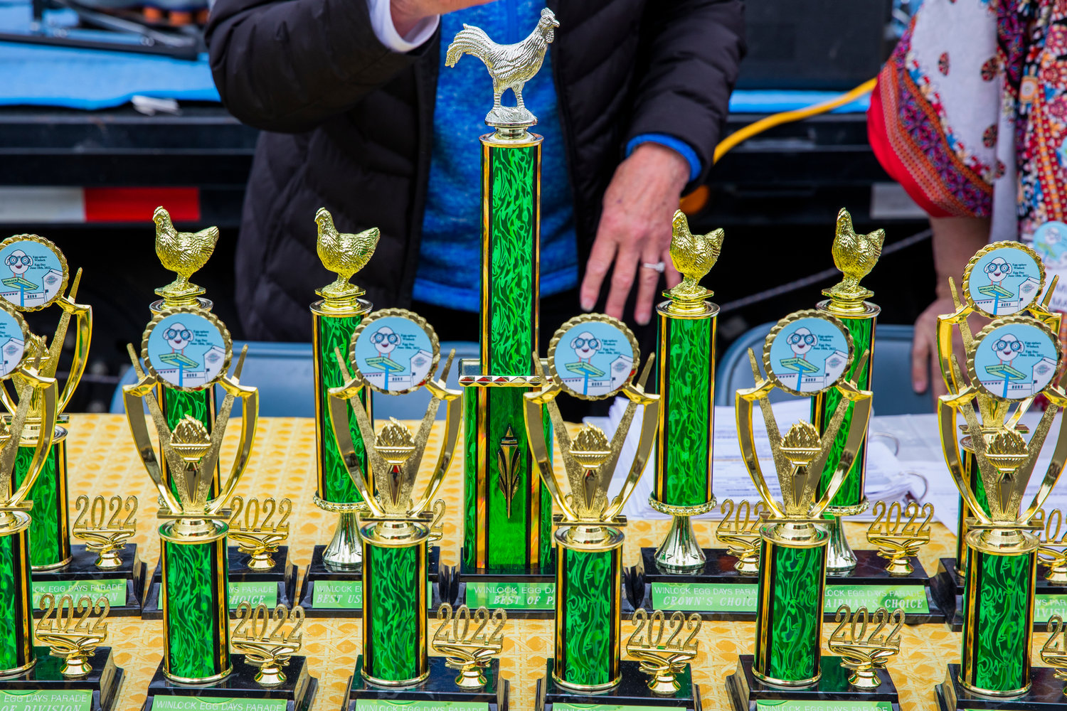 Trophies sit on display for the Egg Days Festival parade Saturday in Winlock.
