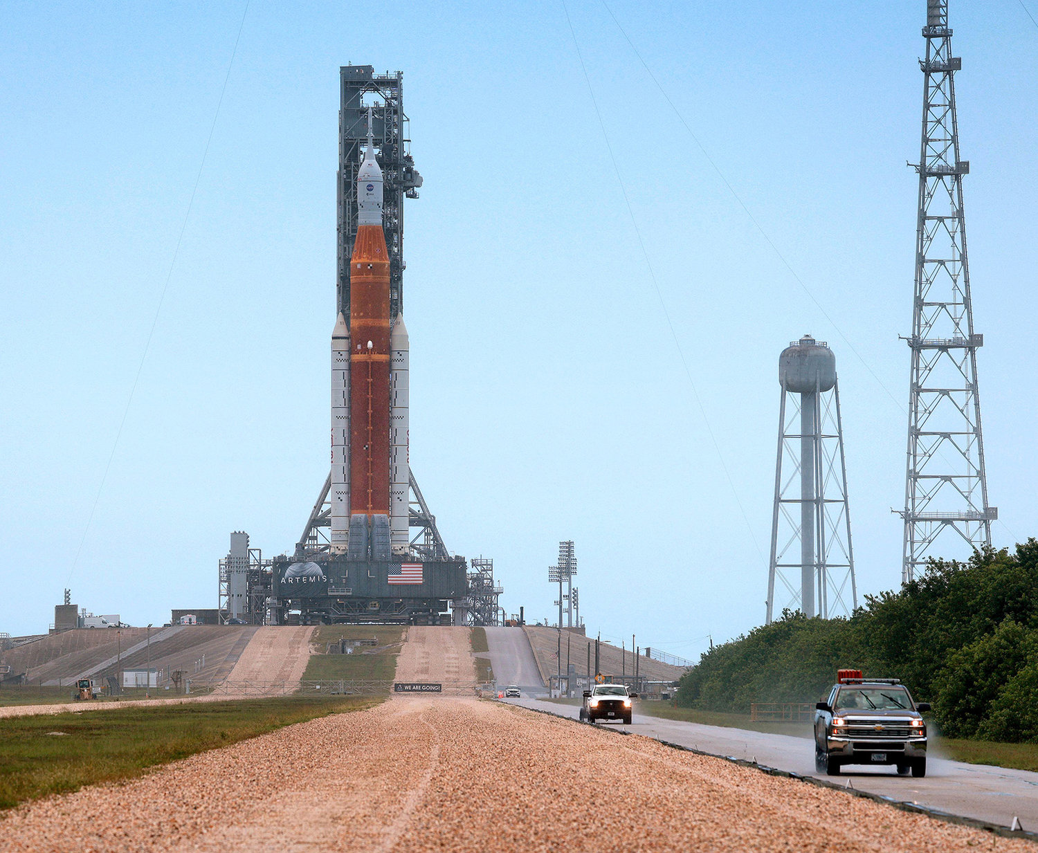 After completing its second rollout overnight Sunday, Artemis 1 —the NASA moonshot rocket— stands at launch pad 39-B at Kennedy Space Center, Florida, Monday, June 6, 2022. (Joe Burbank/Orlando Sentinel/TNS)