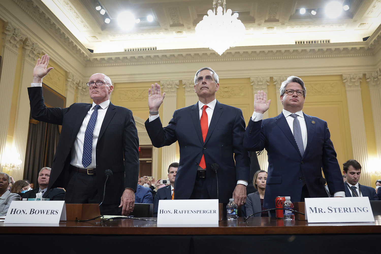 From left to right: Rusty Bowers, Arizona House speaker; Brad Raffensperger, Georgia secretary of state; and Gabriel Sterling, Georgia secretary of state chief operating officer, are sworn in prior to testifying during the fourth hearing on the Jan. 6 investigation in the Cannon House Office Building on June 21, 2022, in Washington, D.C. The bipartisan committee, which has been gathering evidence for almost a year related to the Jan. 6 attack at the U.S. Capitol, is presenting its findings in a series of televised hearings. (Kevin Dietsch/Getty Images/TNS)