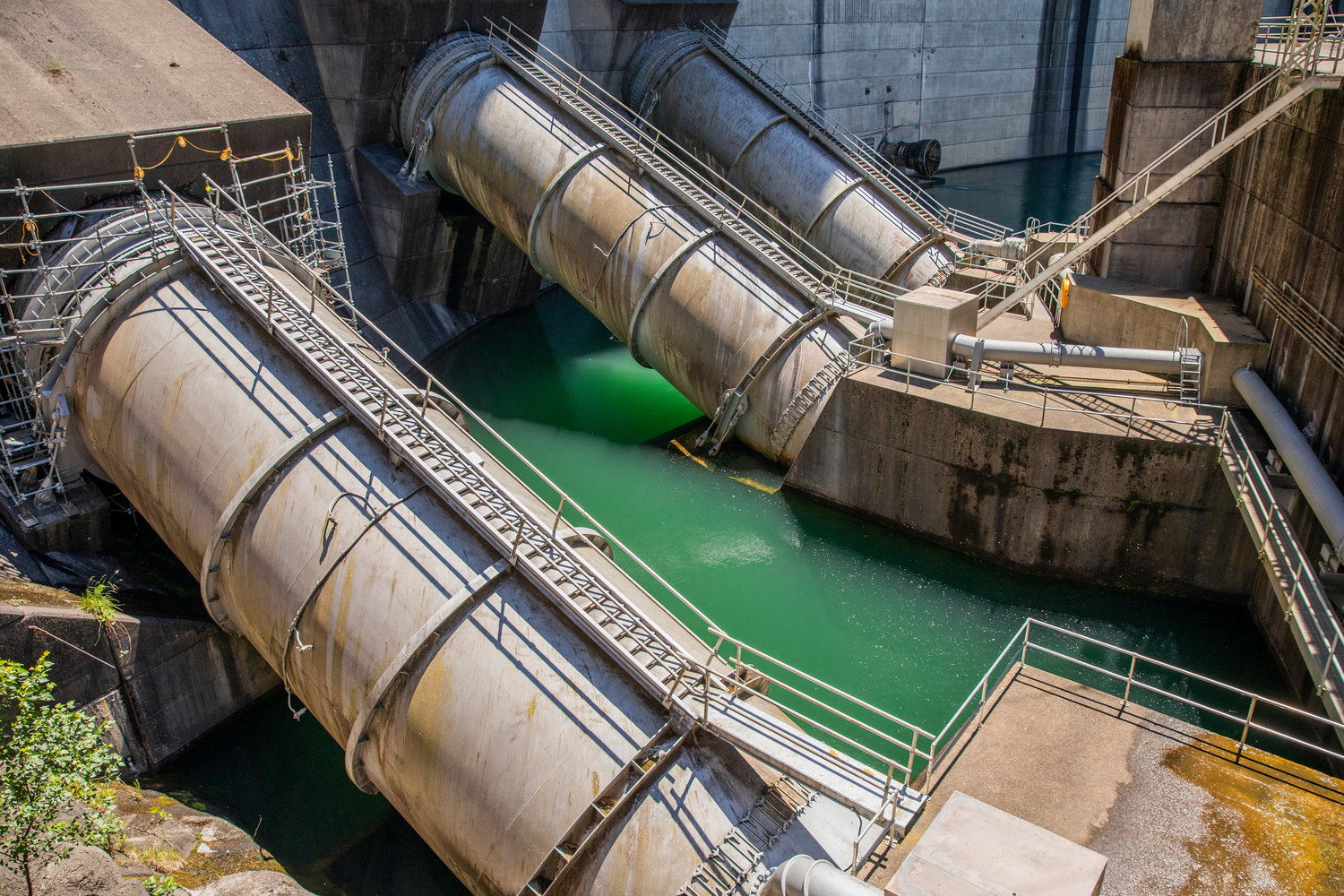 Pipes transport water through the Mossyrock Dam into the Tacoma City Light powerhouse in June 2022.