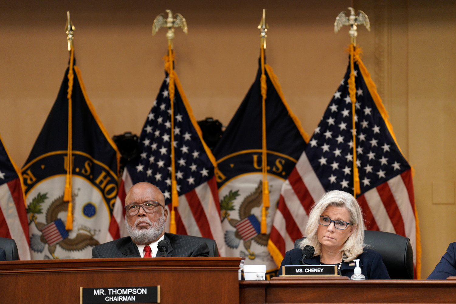 Committee Chairman Rep. Bennie Thompson, D-Miss., and Vice Chair Rep. Liz Cheney, R-Wyo., participate in a House select committee hearing on the Jan. 6, 2021, attack on the U.S. Capitol in Washington, D.C., on June 16, 2022. (Yuri Gripas/Abaca Press/TNS)