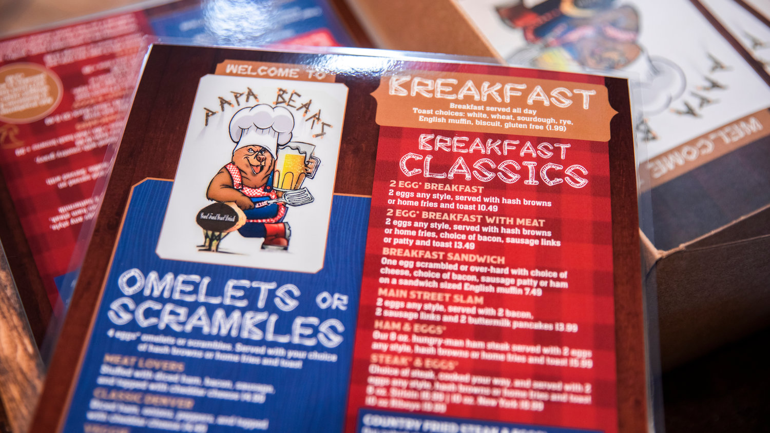 A breakfast menu is displayed inside Papa Bears West Tuesday morning located off U.S. Highway 12.