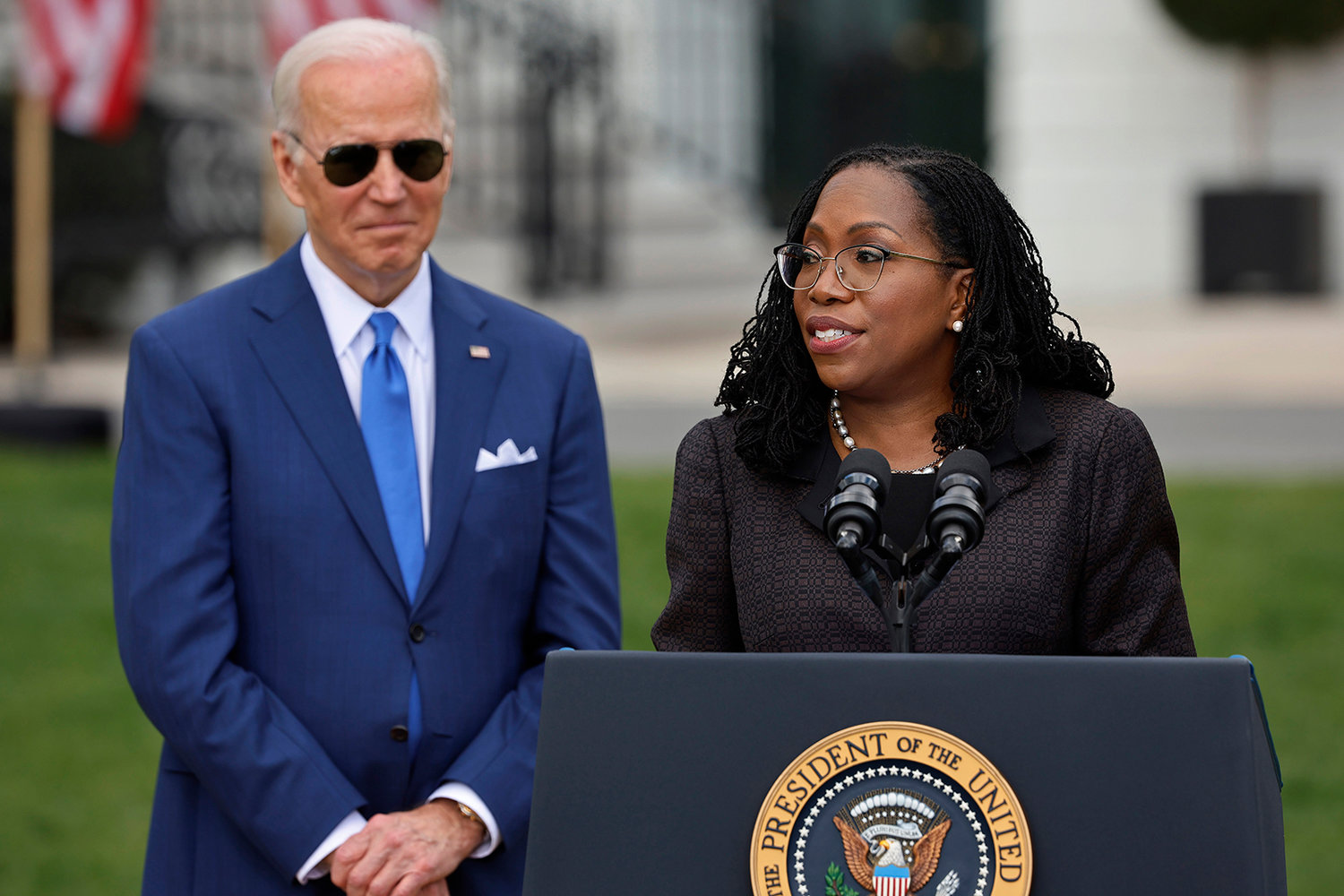 Judge Ketanji Brown Jackson speaks during an event celebrating her confirmation to the U.S. Supreme Court with U.S. President Joe Biden on the South Lawn of the White House on April 8, 2022, in Washington, DC. Judge Jackson was confirmed by the Senate 53-47 and is set to become the first Black woman to sit on the highest court. (Chip Somodevilla/Getty Images/TNS)
