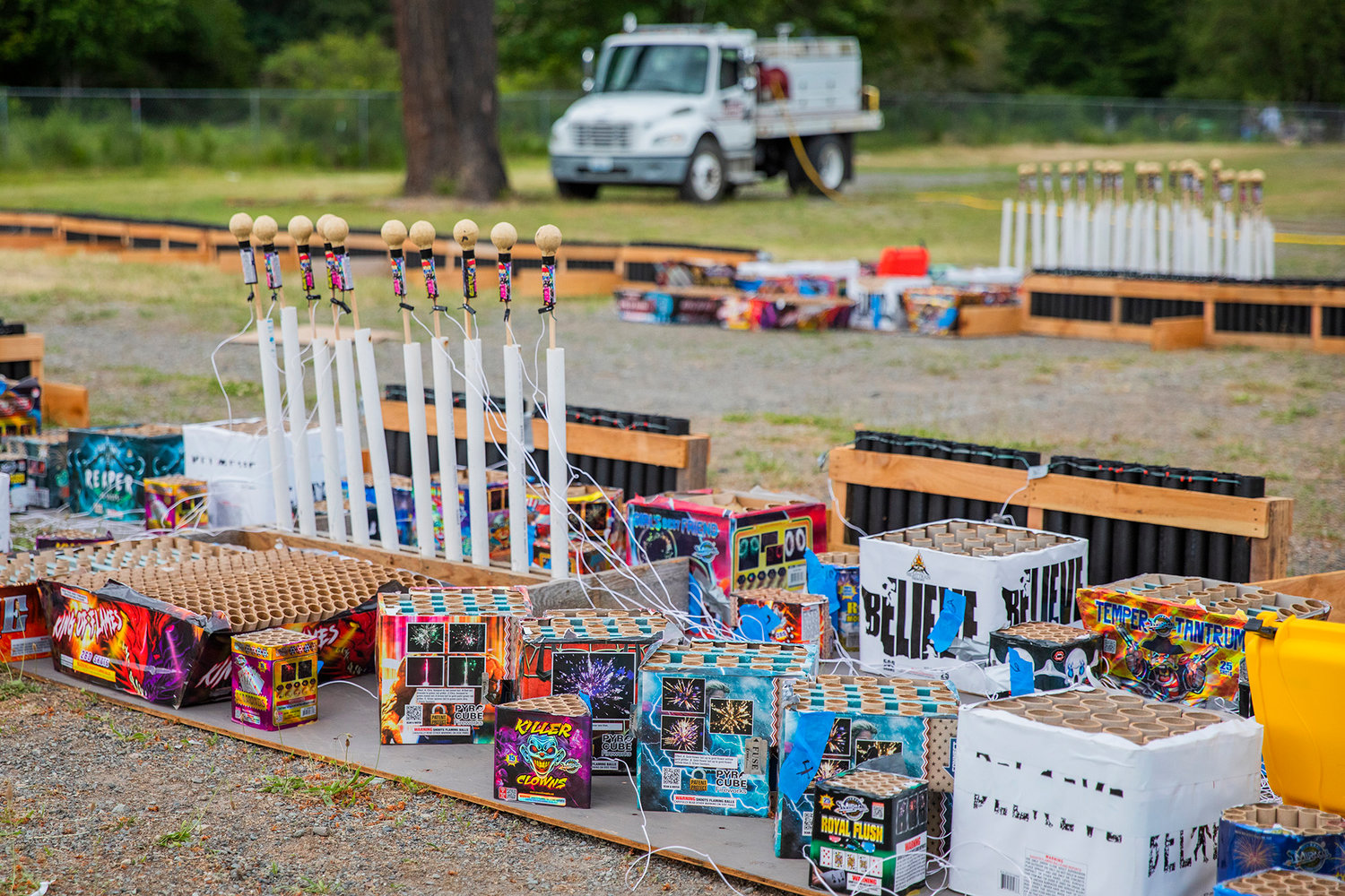 Wires connect fireworks to charges ready for a show Saturday evening in Packwood.