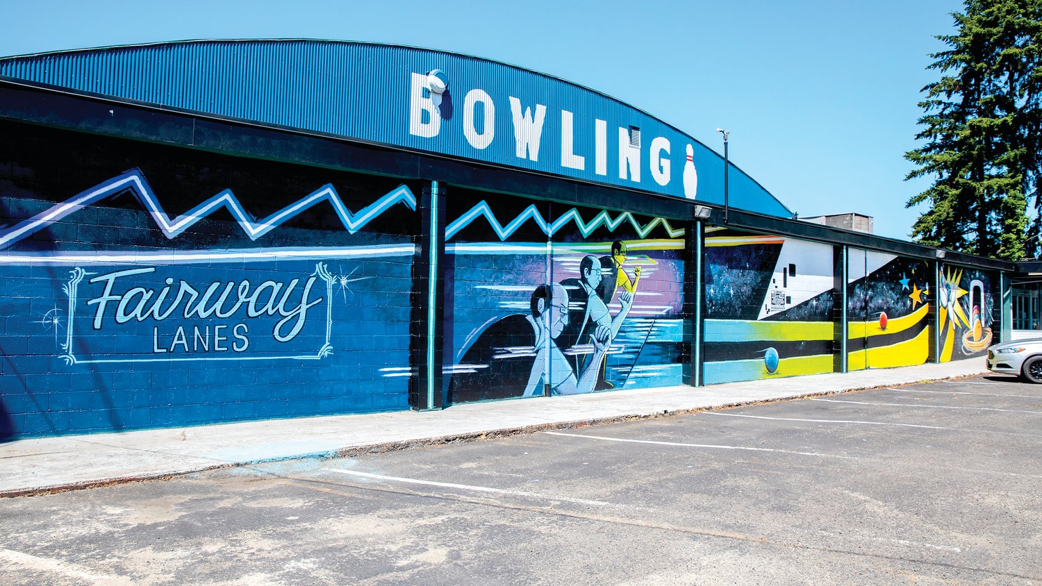 A new mural painted on brick is displayed outside Fairway Lanes located at 1501 South Gold Street, in Centralia.
