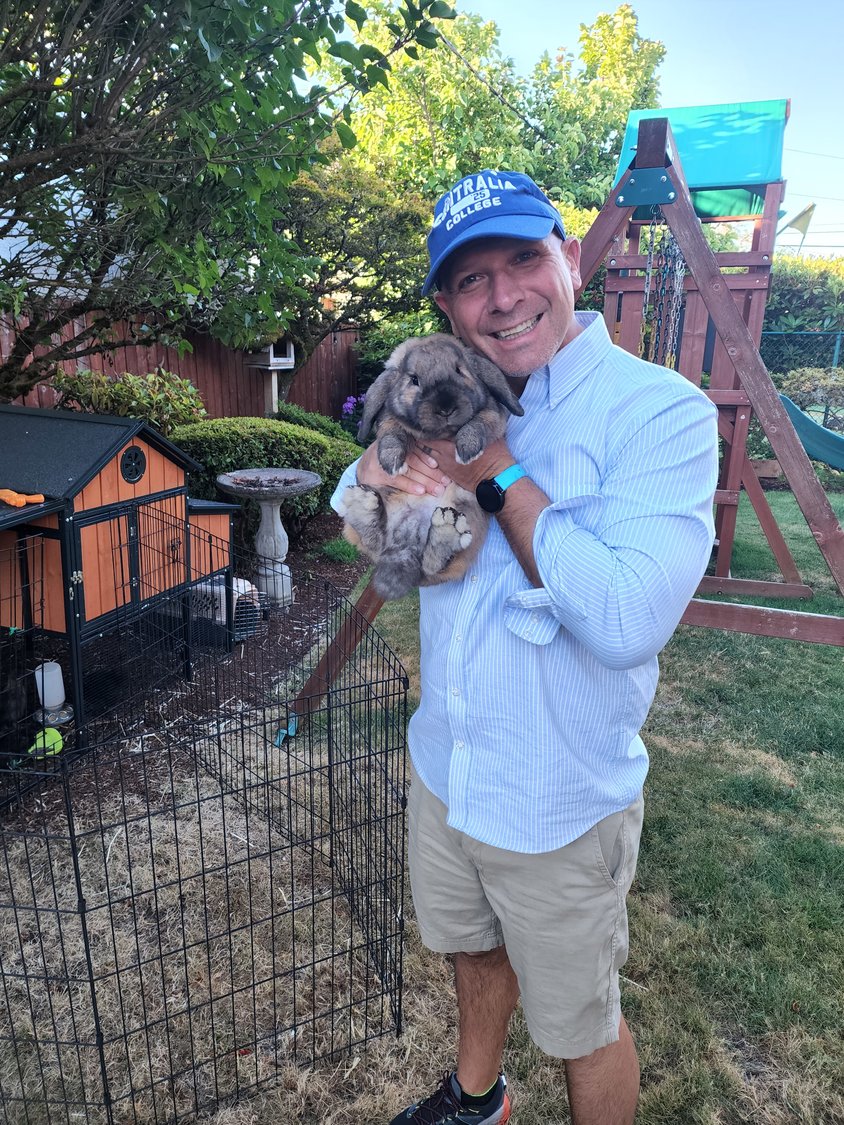 State Rep. Peter Abbarno holds Pumpkin the bunny.