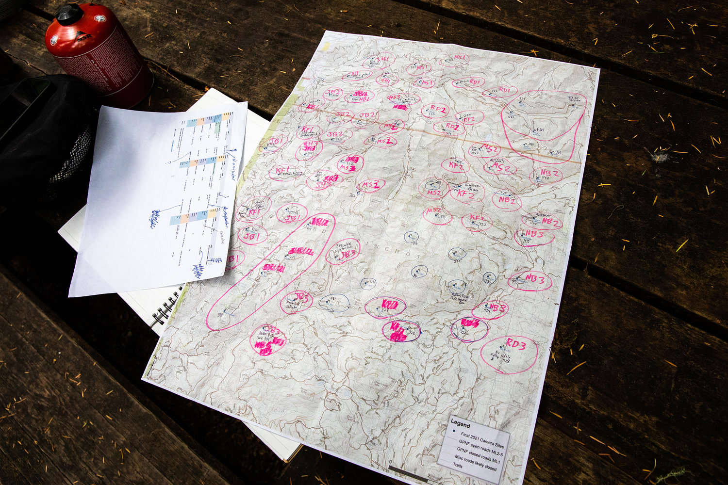 A map marks game camera locations around the Gifford Pinchot National Forest Saturday morning at Iron Creek Campground.