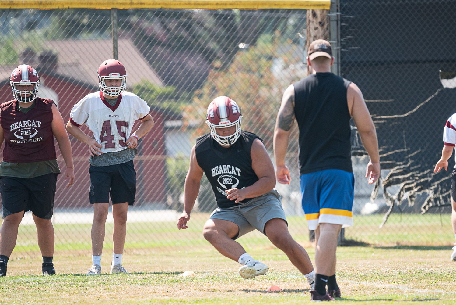 W.F. West lineman Daniel Matagi works through a shuttle drill on the first day of fall camp Aug. 17 in Chehalis.