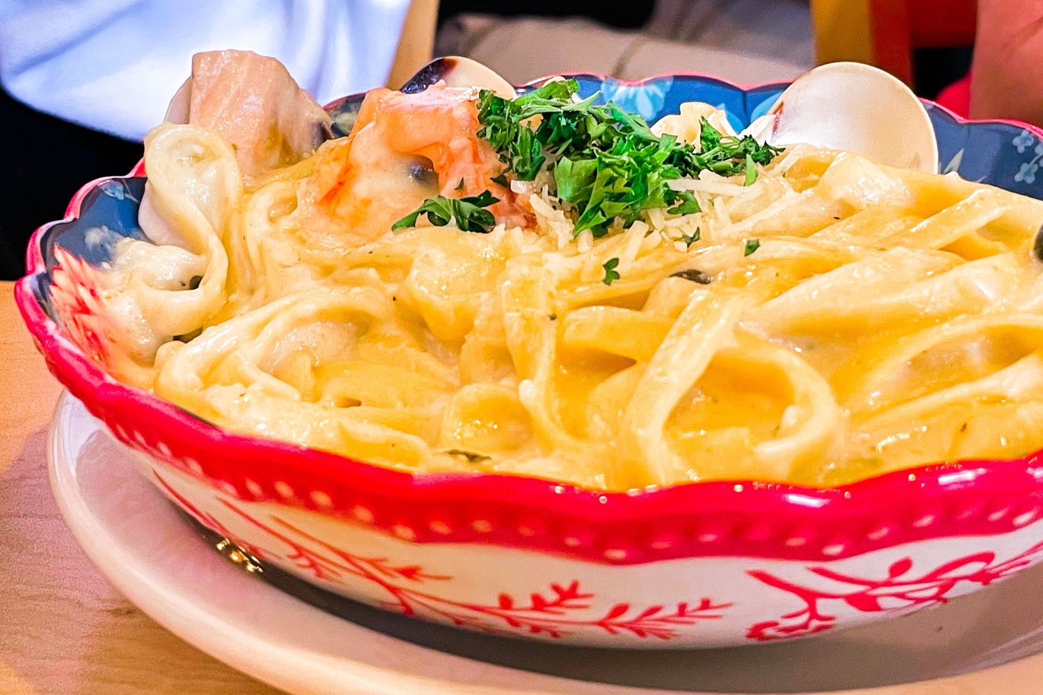 A bowl of noodles featuring seafood is served at The Pasta Bowl on a recent evening in Chehalis.