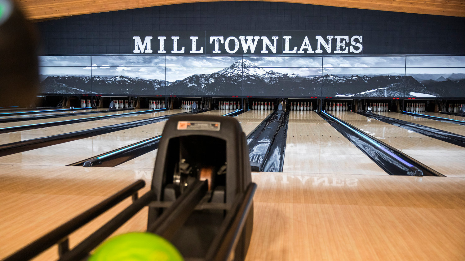 Pins are set for bowling at the Mill Town Lanes in Morton.