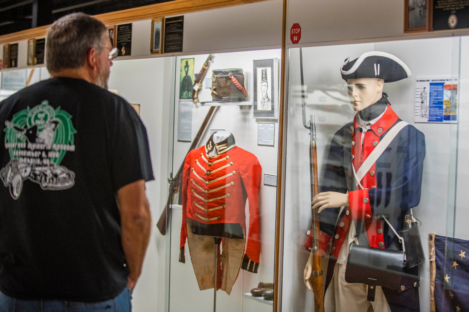 FILE PHOTO — Museum Director Chip Duncan looks to Revolutionary War attire on display at the Veterans Memorial Museum in Chehalis.