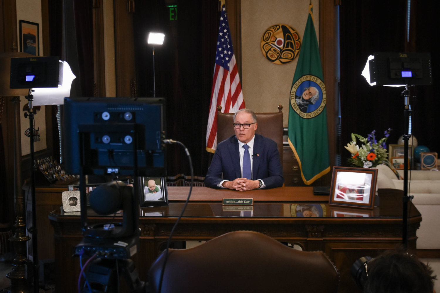 Gov. Jay Inslee delivers an address from his office during the early stages of the COVID-19 pandemic in 2020. This photo was provided by the governor’s office.