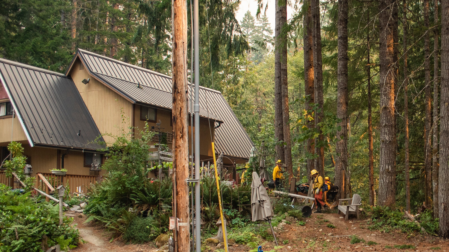 Firefighters from local agencies across Washington state work to create defensible space between trees and homes inside the Timberline neighborhood east of Packwood Saturday.