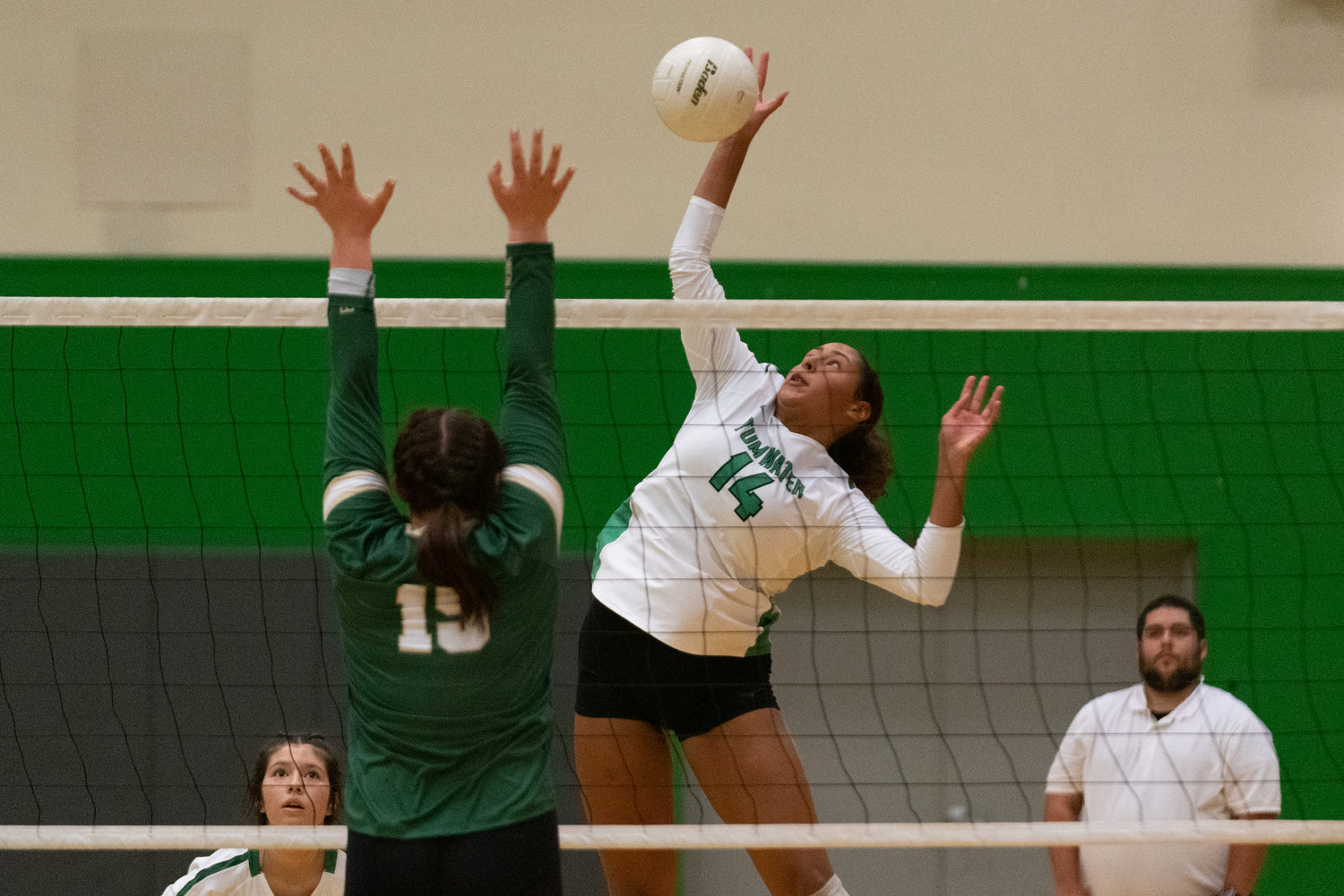 Isabella Burney gets up for a spike during Tumwater's four-set win over Timberline on Sept. 13.