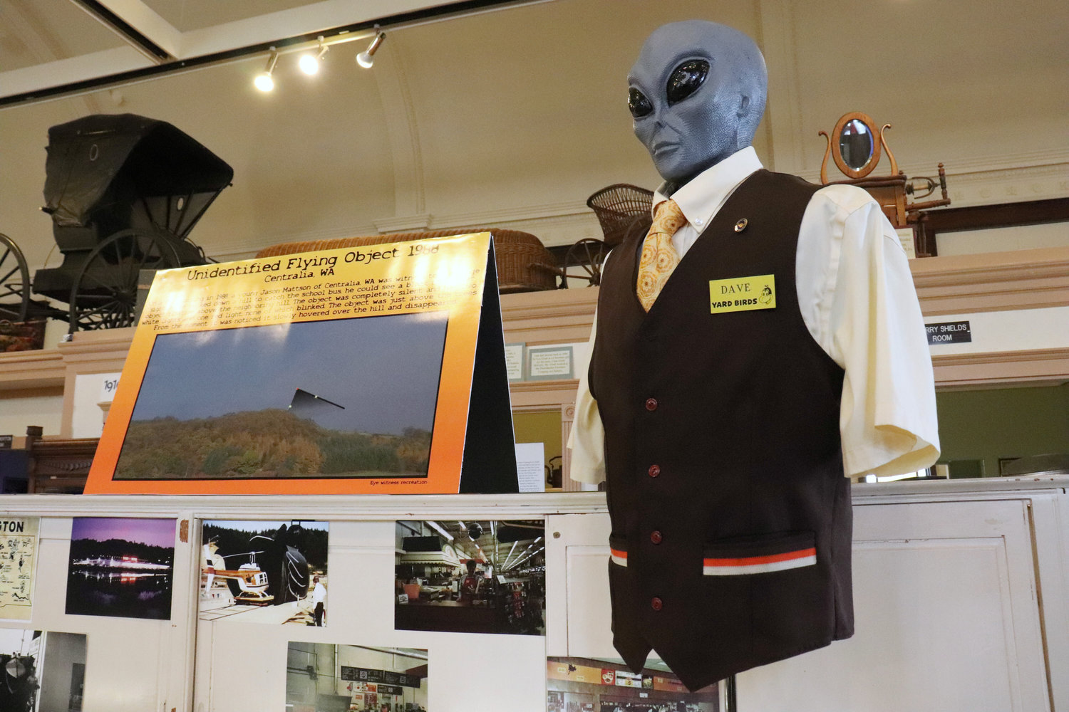 An alien mannequin donning a Yard Birds uniform sits on display next to a sign marking Kenneth Arnold’s UFO sighting at the Lewis County Historical Museum during the Chehalis Flying Saucer Party on Saturday. The event marked the 75th anniversary of both Yard Birds Mall & Storage opening in Chehalis and Arnold’s UFO sighting.