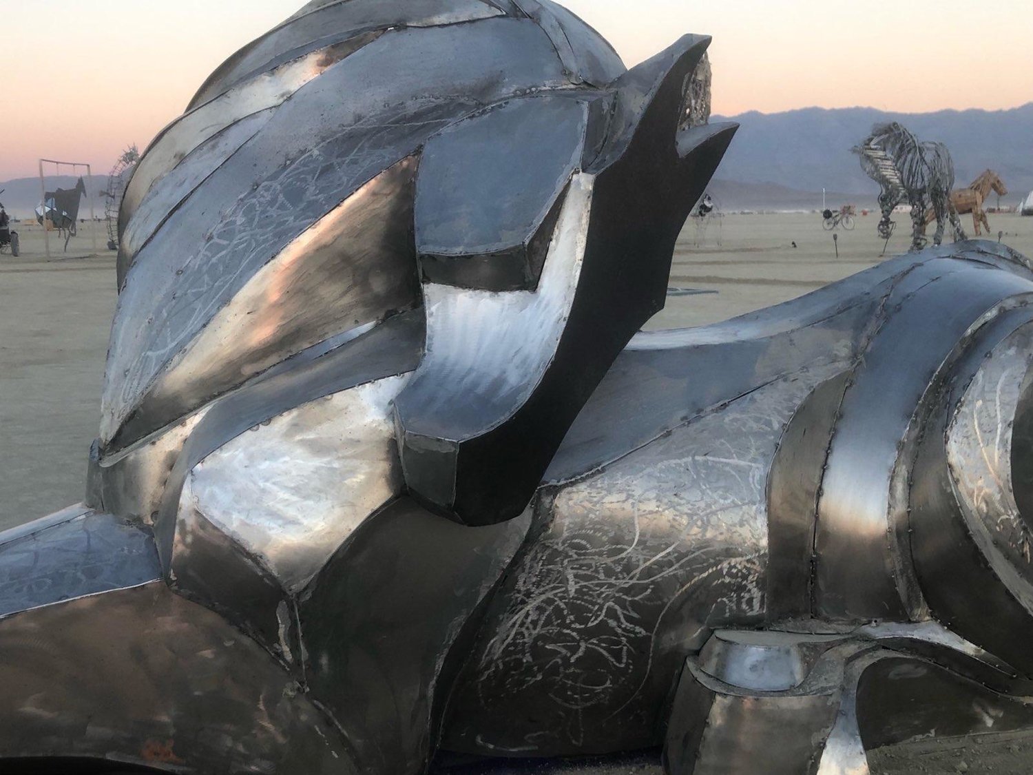 Michael Duquette's finished horse sculpture sits on the playa at the Burning Man festival.