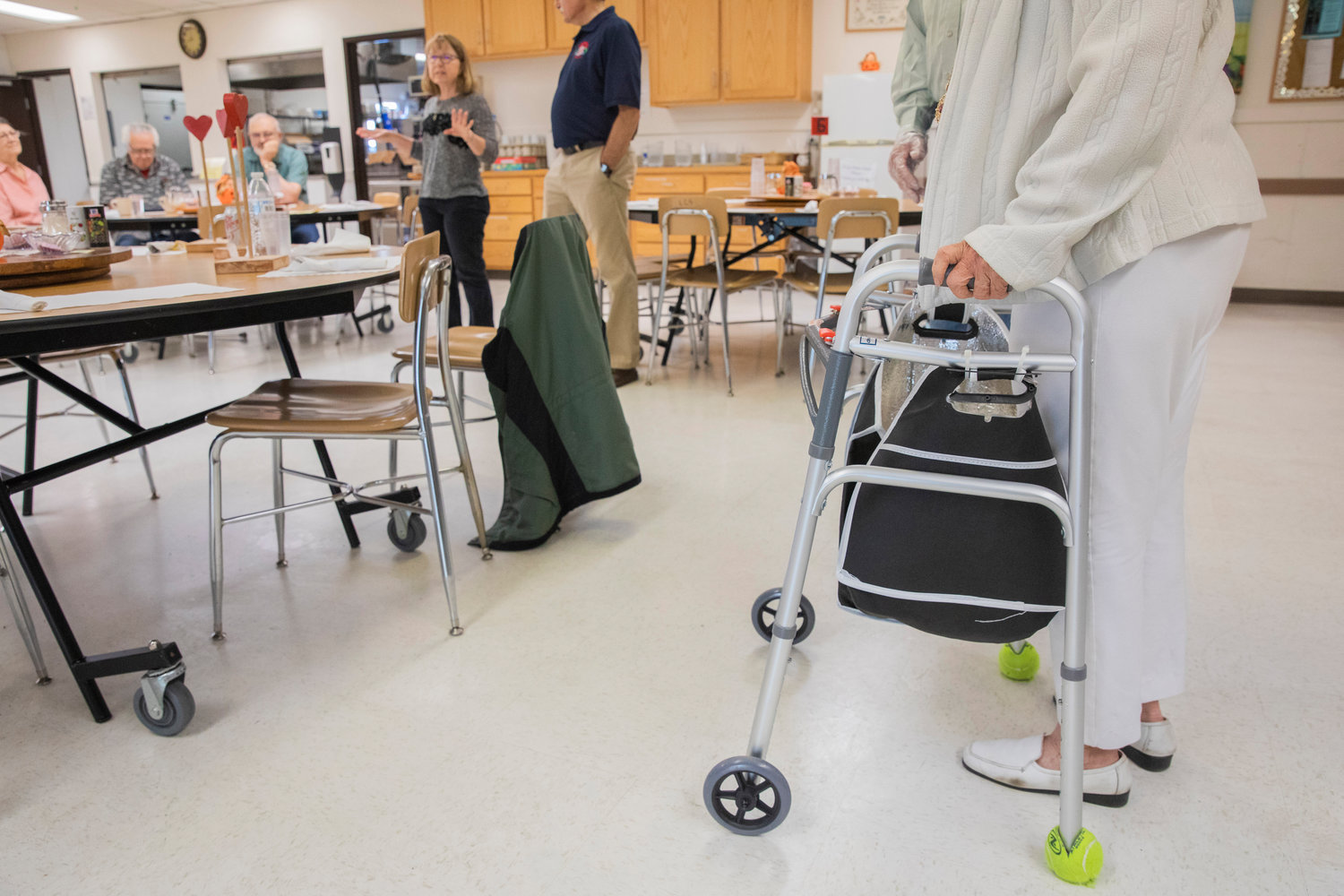 Patty Dolezal talks about about preventative measures such as using walkers and canes to prevent falls Tuesday morning at the Twin Cities Senior Center in Chehalis.