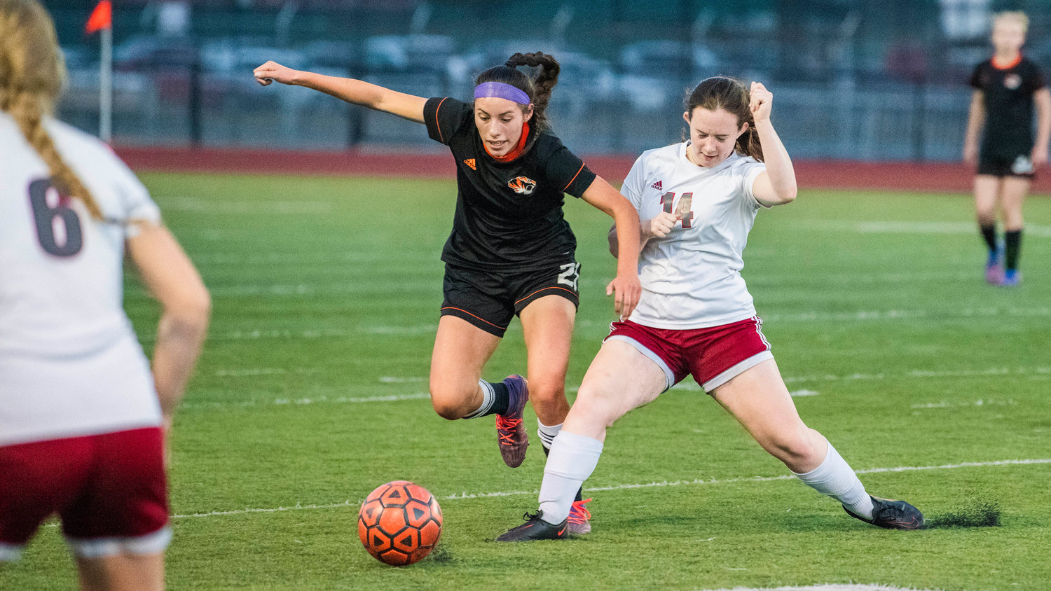 Centralia junior Jade Hudson (21) takes control of the ball during a Thursday night game against W.F. West.