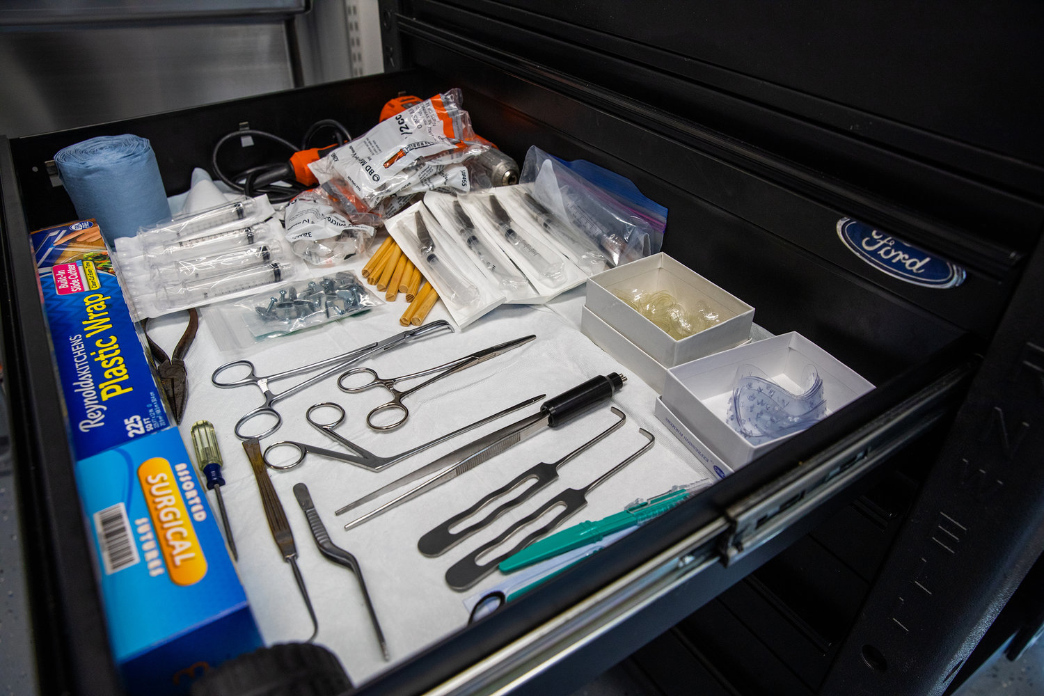 A drawer is seen full of tools in a private building used for cleaning and body prep Thursday afternoon in Centralia.