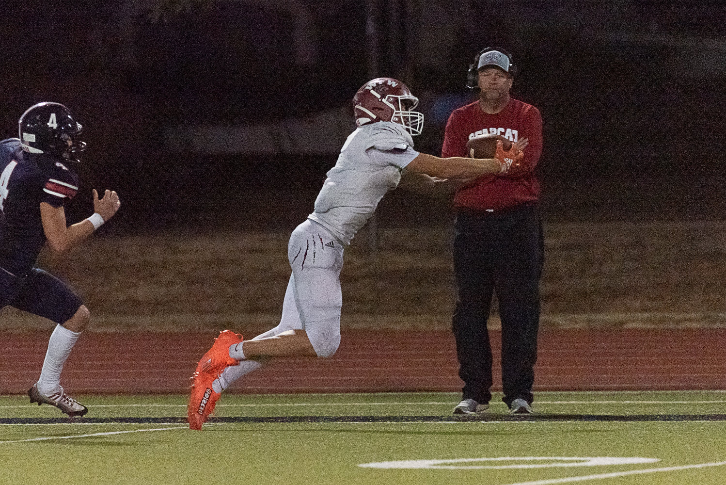 W.F. West's Gage Brumfield goes full-extension for a catch in the second quarter of the Bearcats' 35-0 win over Black Hills on Sept. 23 at Tumwater District Stadium.