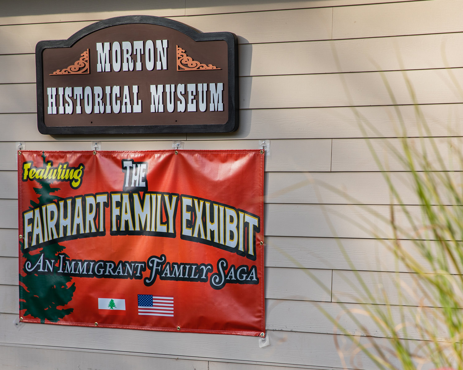 Signage for “The Fairhart Family Exhibit,” hangs on display outside the Morton Historical Museum on Wednesday.
