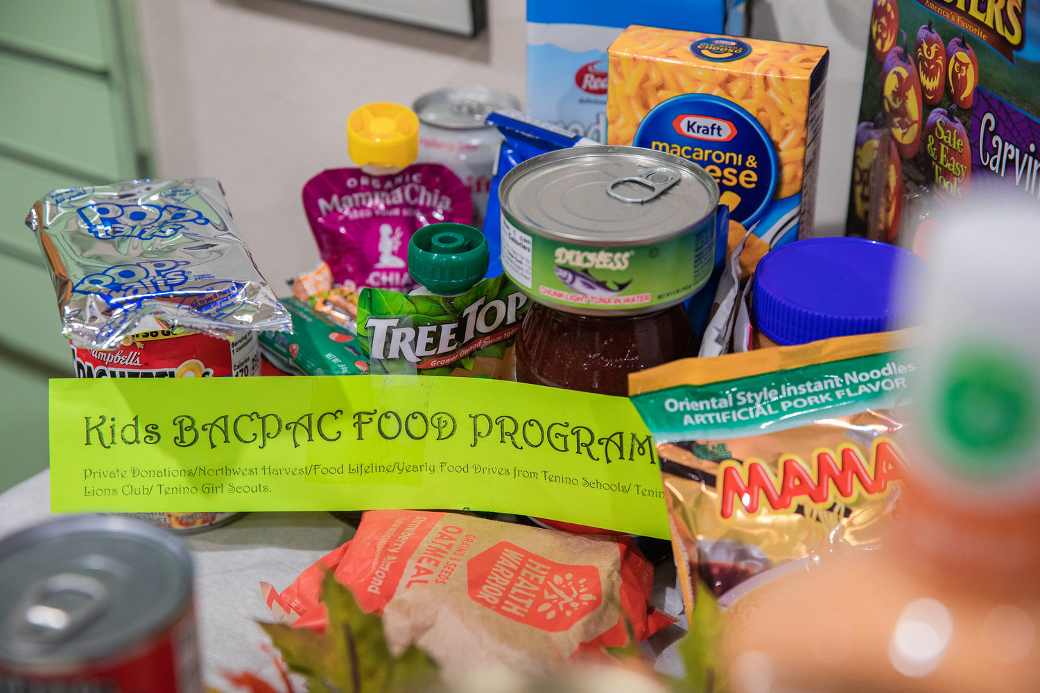 Meals are organized for the Kids BACPAC Food Program with donations from various organizations such as; Northwest Harvest, Food Lifeline, the Tenino Lions Club, the Tenino Girl Scouts and Tenino Schools Food Drives along with private donations.