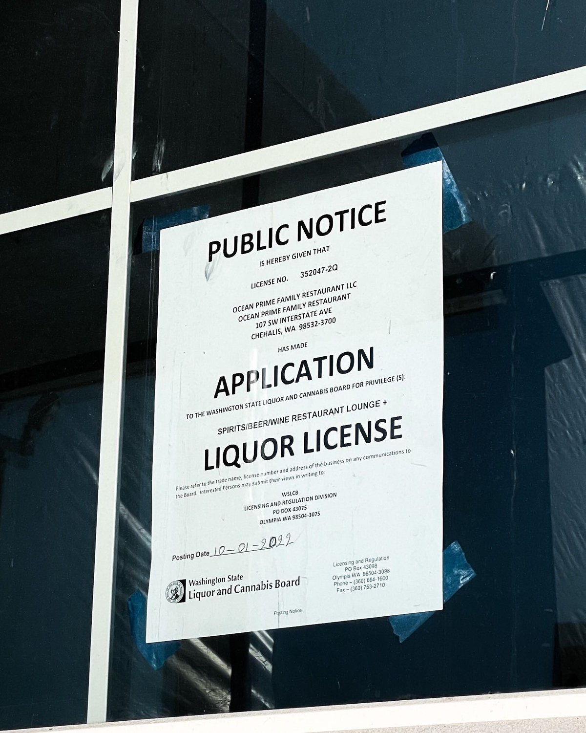 An application for a liquor license was made by Ocean Prime Family Restaurant at the former Kit Carson location.