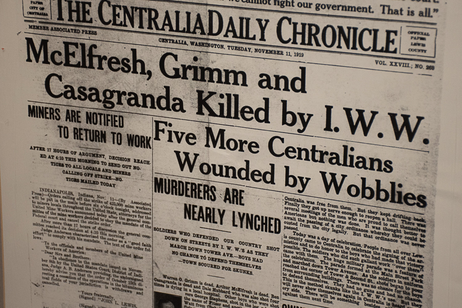 The front page of The Centralia Daily Chronicle on the day of the Centralia Tragedy.