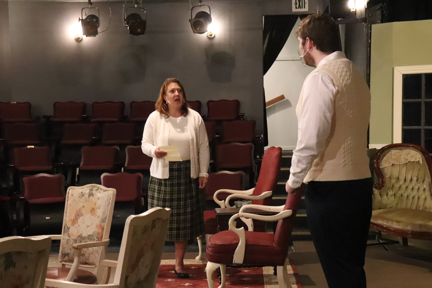 Michelle Koenen as Letitia Blacklock performs opposite of Sean Patrick-McNeal as Patrick Simmons on stage during a rehearsal of “A Murder is Announced” at Evergreen Playhouse last week.