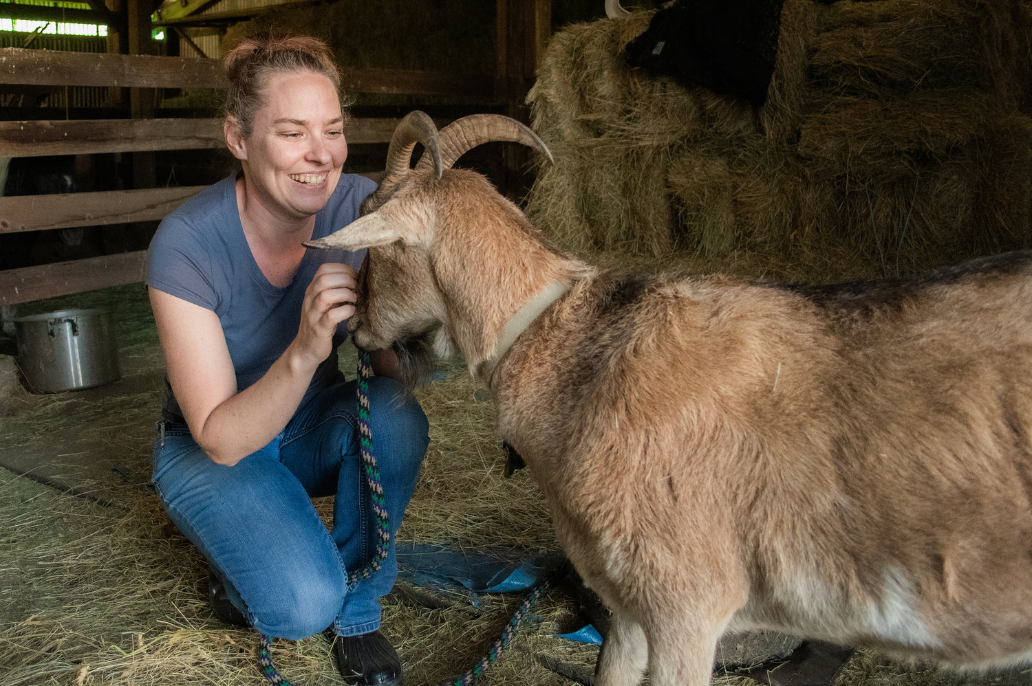 Christy Gillette smiles while petting Chester, a Nigerian dwarf goat, Saturday afternoon in La Center.