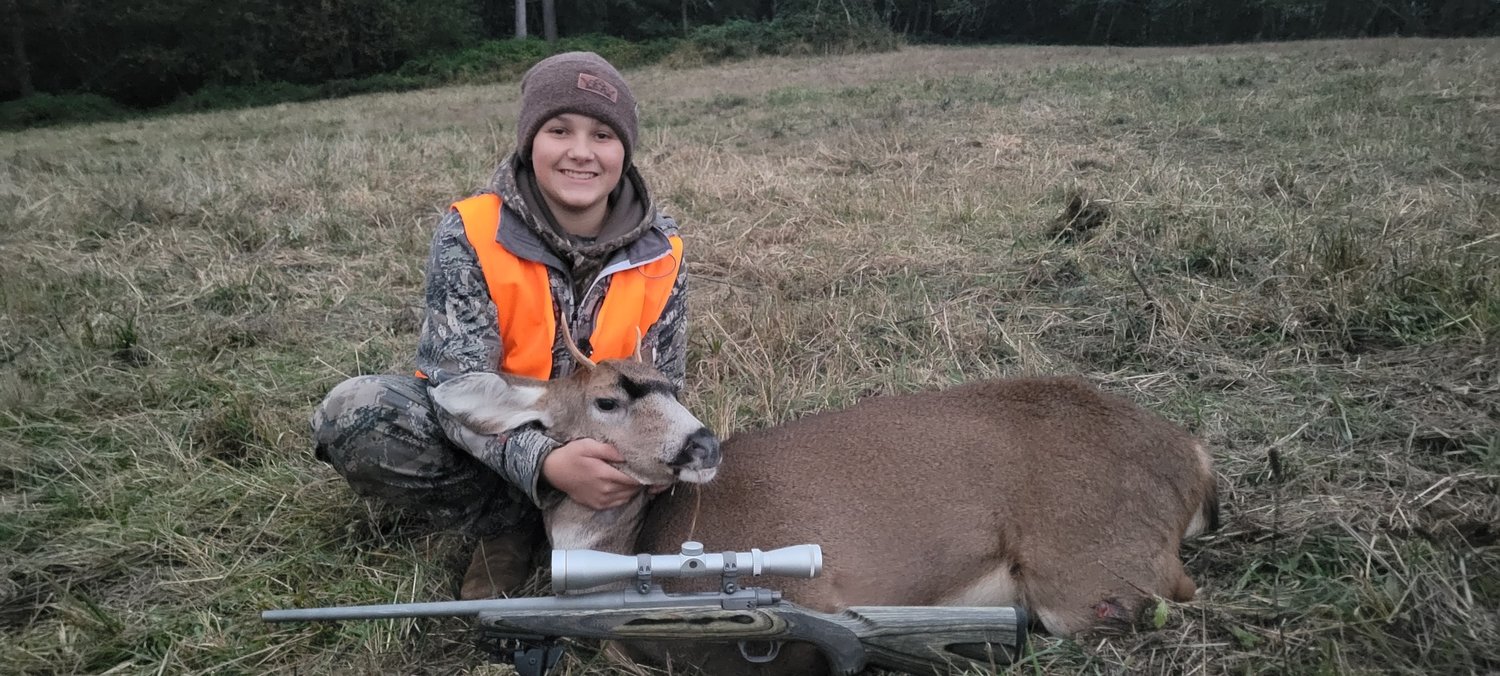 Lea Elder submitted this photo of Brodey Chandler, of Onalaska, with his first buck harvested on Oct. 27 in the Mossyrock area. Brodey is 13 years old and his second year hunting he was able to fill his first tag, Elder said.