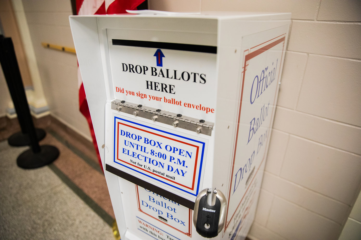 An official ballot drop box sits inside the Lewis County Courthouse.