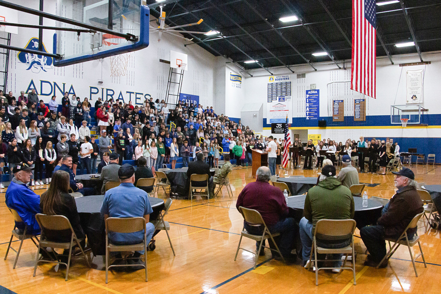 Students and veterans all gathered in Adna High School's gymnasium for the school's Veterans Day assembly on Tuesday morning.