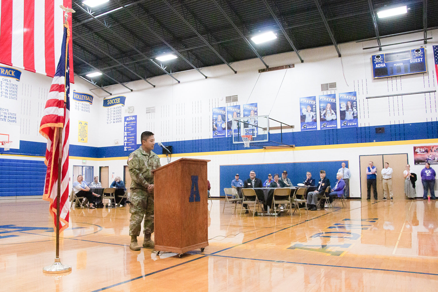 Army Master Sergeant and Green Beret Jonathan Lu delivers his Veterans Day speech to Adna High School students at their Veterans Day Assembly Tuesday morning.