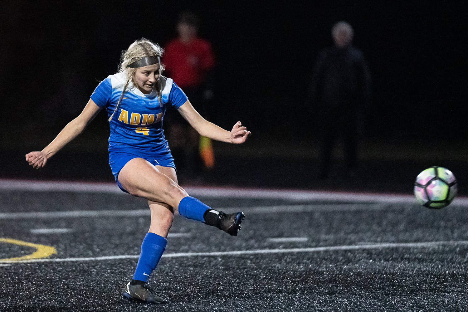 Adna defender Lydia Tobin takes a free kick against Tonasket in the first round of the state playoffs at Tenino Beaver Stadium Nov. 9.