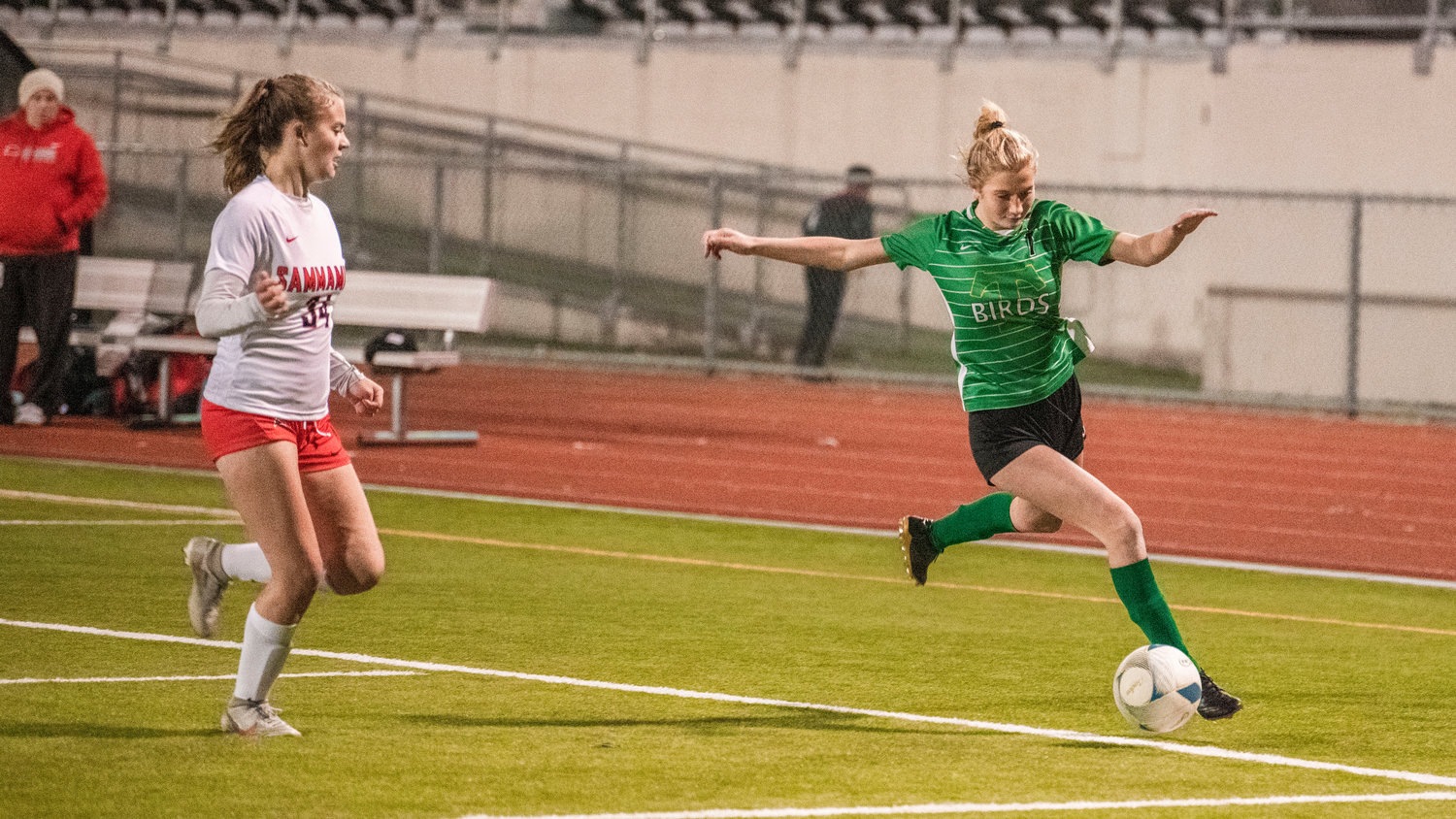 Tumwater sophomore Emalyn Shaffer (1) takes the ball upfield before scoring a goal Wednesday night.
