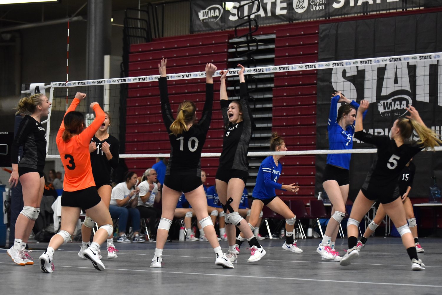 The Napavine volleyball team celebrates a point during its loss to Toutle Lake in the first round of the 2B state volleyball tournament, on Nov. 10 in Yakima.