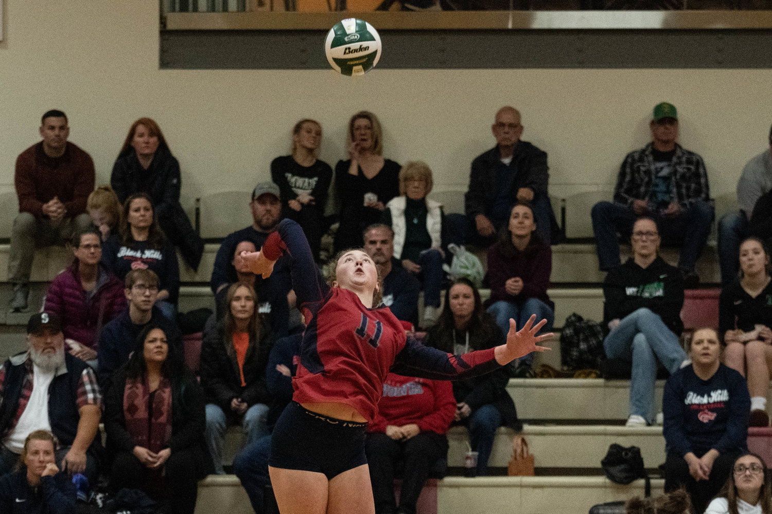 Black Hills outside hitter Ashley Harris rises up for a spike against Mark Morris in the first round of the 2A District 4 tournament at Myklebust Gym in Lower Columbia Community College Nov. 10.
